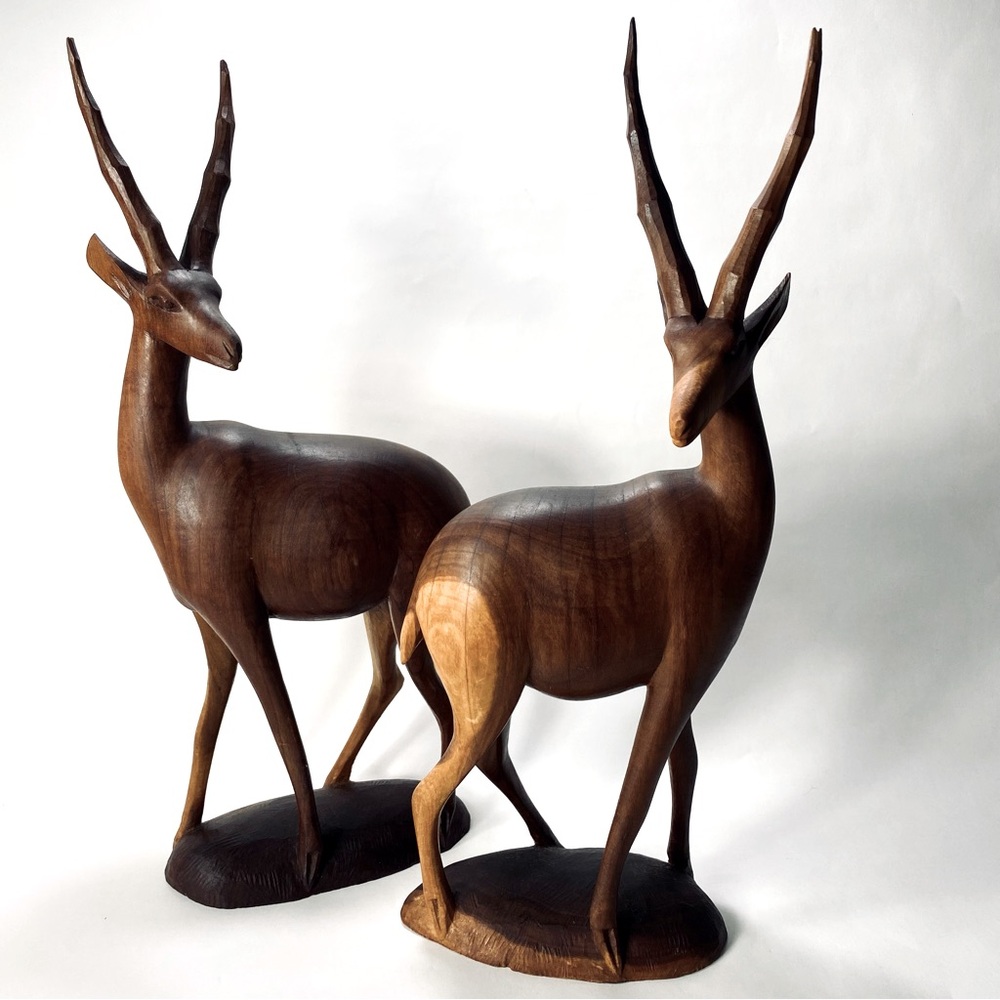 🎉LAST CALL🎉 2 MCM 14" Vintage Hand Carved Wooden Antelope Gazelle Sculptures - Picture 1 of 16